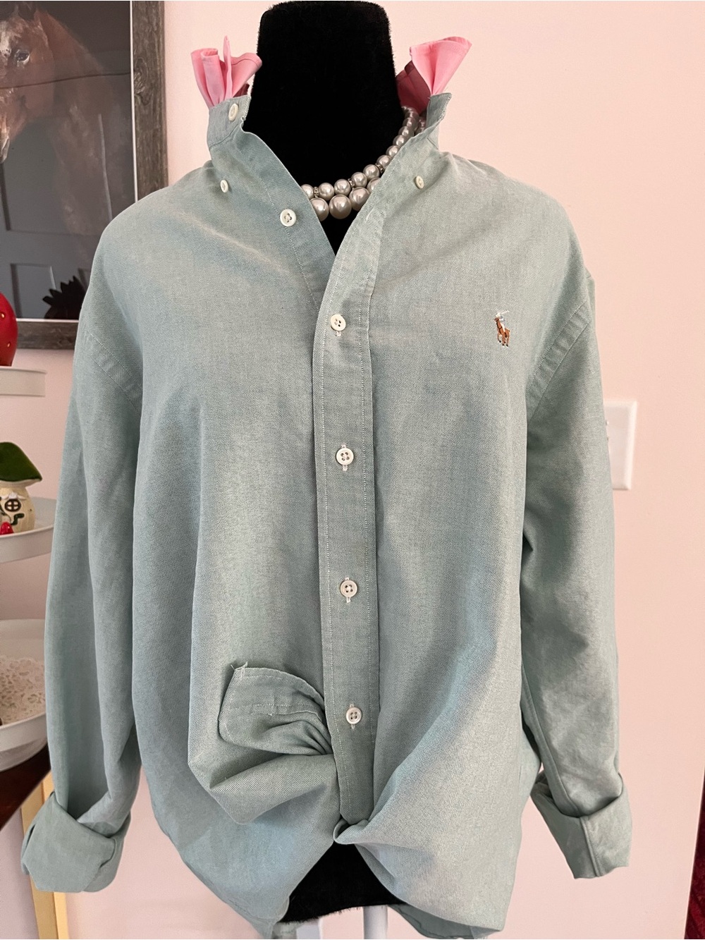 Refashioned Ralph Lauren Green Button-Down with Pink Ruffle Collar